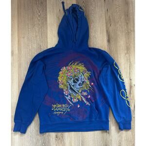 Ed Hardy Skull Graphic Hoodie Electric Blue Y2K Tattoo Streetwear Pullover Men M